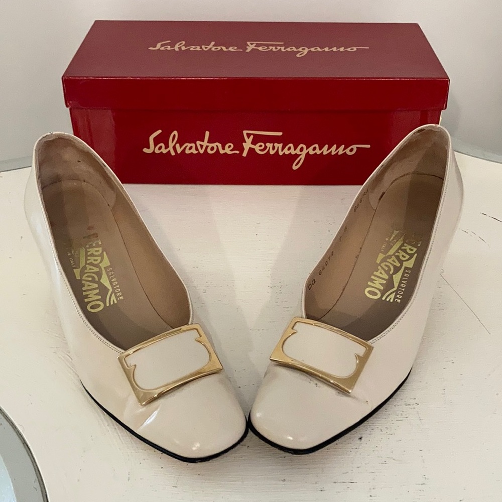 93% off white Ferragamo heels with gold buckles